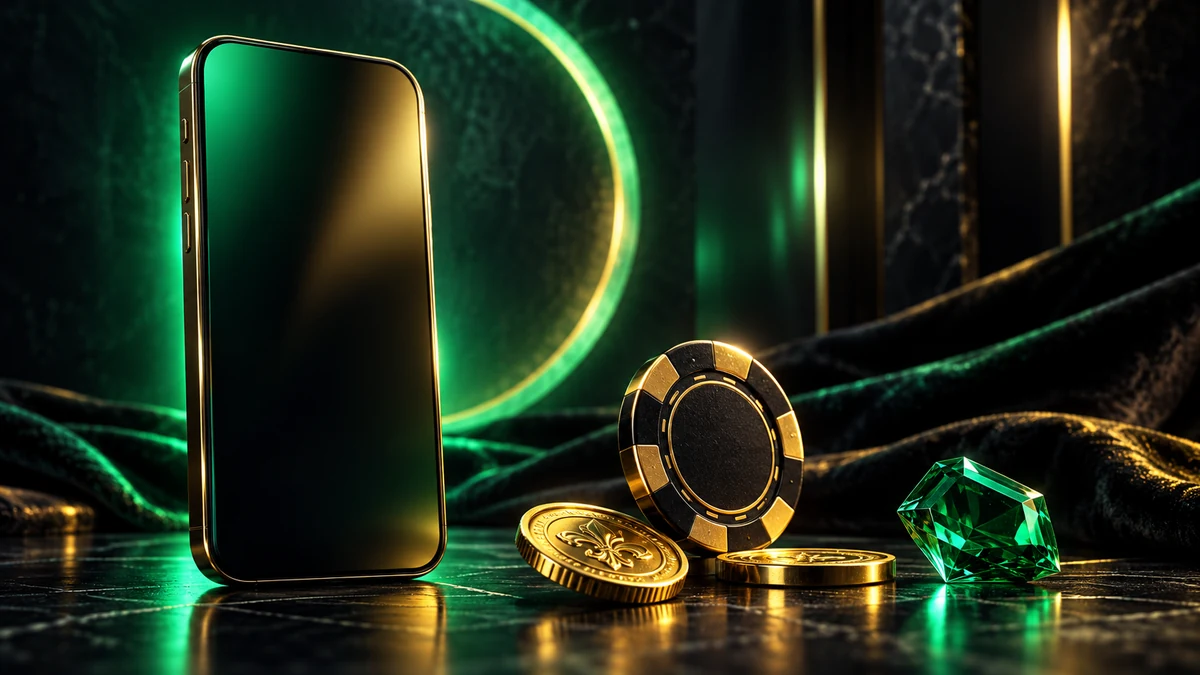 Playing Jokabet on a phone — handset beside gold chips and an emerald