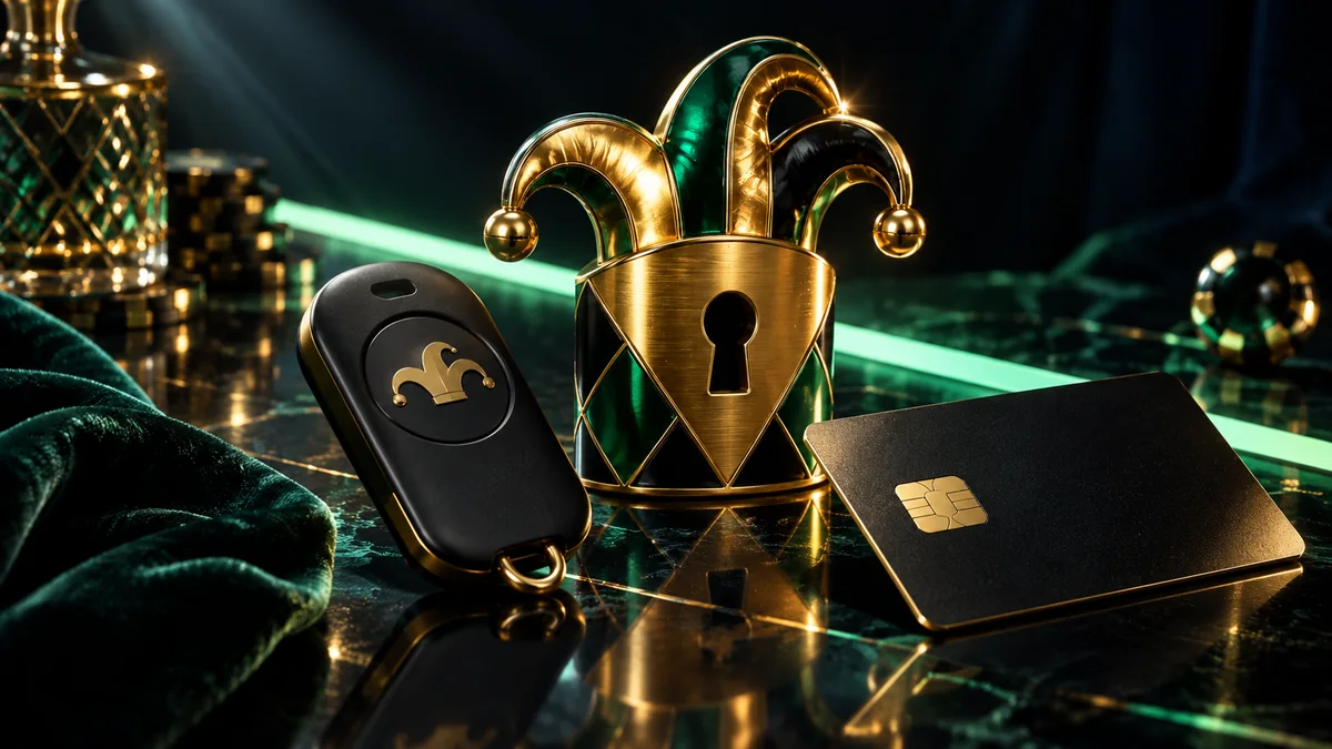 Account security at Jokabet — gold padlock, key fob and a blank black card